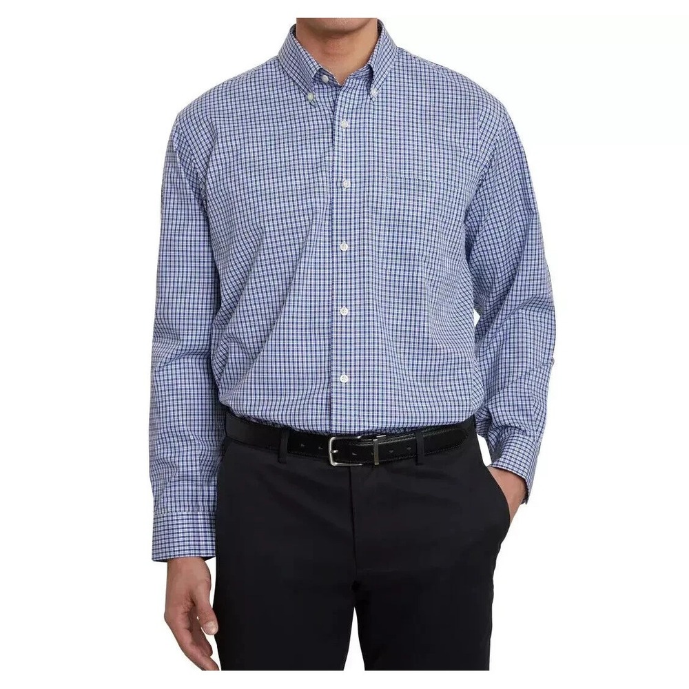 Kirkland Signature Men's Traditional Fit Dress Shirt, Blue Plaid, XL (17x32/33)